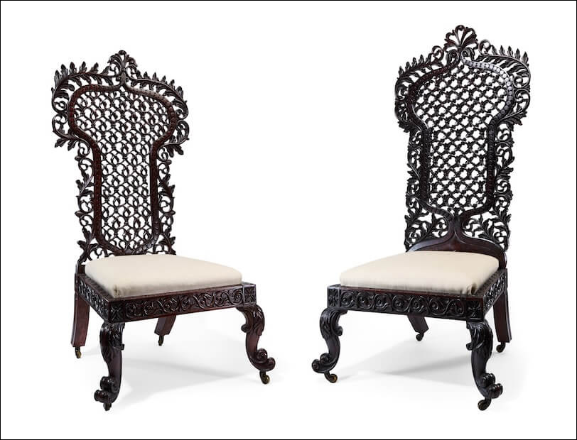 Two mid-19th century Indian chairs from historic Elveden Hall, Suffolk