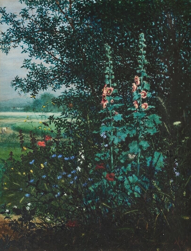 Still Life with Hollyhocks, Cornflowers, Poppies, Willows and Butterflies at the Edge of a Wood by French realist painter Léon Bonvin