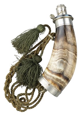 Lot 371 - A GERMAN SILVER-MOUNTED HORN FLASK BY G. & J. W. HAWKSLEY