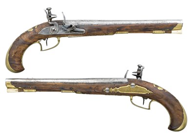 Lot 407 - A PAIR OF 25 BORE SOUTH GERMAN FLINTLOCK HOLSTER PISTOLS