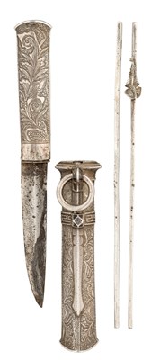 Lot 135 - A KOREAN SILVER-MOUNTED TROUSSE COMPRISING KNIFE AND CHOPSTICKS (EUNJANGDO), 19TH CENTURY