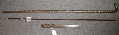 Lot 74 - A JAPANESE STEEL WALKING CANE; A JAPANESE ARROW; AND A DECORATED JAPANESE PAPER KNIFE