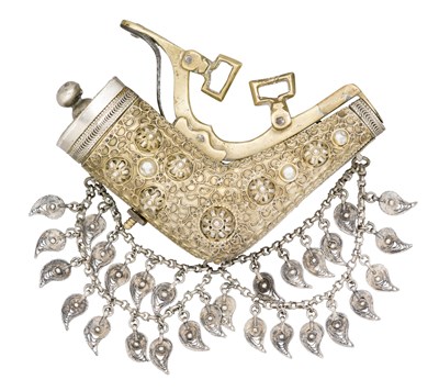 Lot 113 - AN OTTOMAN BALKAN SILVER AND GILT-BRASS POWDER-FLASK