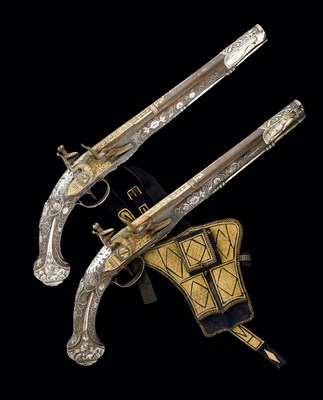 Lot 115 - A FINE PAIR OF 20 BORE OTTOMAN GOLD-ENCRUSTED AND SILVER-MOUNTED FLINTLOCK KUBUR (HOLSTER) PISTOLS F