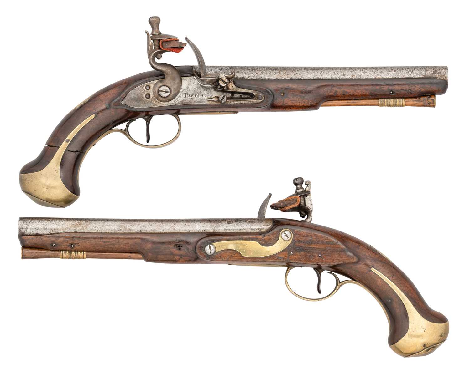 Lot 457 - A PAIR OF 20-BORE FLINTLOCK LIVERY PISTOLS BY JOHN TWIGG, LONDON, LONDON PROOF MARKS, CIRCA 1760