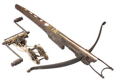 Lot 241 - A FLEMISH TARGET CROSSBOW AND WINDLASS