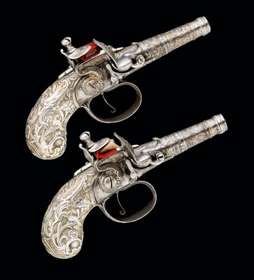 Lot 308 - **A FINE PAIR OF 80 BORE CONTINENTAL SILVER-MOUNTED FLINTLOCK POCKET PISTOLS