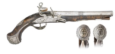 Lot 326 - **A PAIR OF 15 BORE SPANISH SILVER-MOUNTED FLINTLOCK PISTOLS BY PEDRO ESTEVA