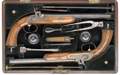 Lot 349 - **A PAIR OF 80 BORE GERMAN RIFLED PERCUSSION OFFICER'S PISTOLS BY ALEX PROBST IN DARMSTADT