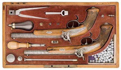 Lot 350 - **A CASED PAIR OF 50 BORE GERMAN PERCUSSION RIFLED OFFICER'S PISTOLS BY G. NOACK IN BERLIN