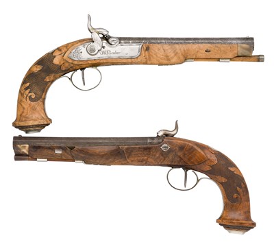 Lot 351 - **A PAIR OF 50 BORE GERMAN PERCUSSION RIFLED OFFICER'S PISTOLS BY M. NEUBER IN AMBERG