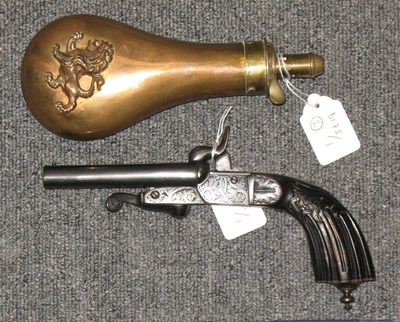 Lot 353 - A 54 BORE CONTINENTAL D.B. PIN-FIRE PISTOL AND A POWDER-FLASK