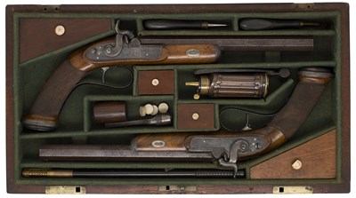 Lot 356 - A CASED PAIR OF 40 BORE PERCUSSION DUELLING PISTOLS BY F. BARNES & CO.
