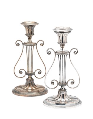 Lot 158 - A PAIR OF ELECTROPLATE 'LYRE' CANDLESTICKS, PROBABLY SHEFFIELD, CIRCA 1900