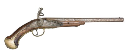 Lot 362 - A 22 BORE FLINTLOCK HOLSTER PISTOL BY THOMAS COSENS