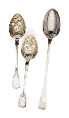 Lot 150 - A PAIR OF SILVER BERRY SPOONS, VICTORIAN DECORATION, PERHAPS BENJAMIN SMITH OVERSTIKING ANOTHER, LONDON, 1823