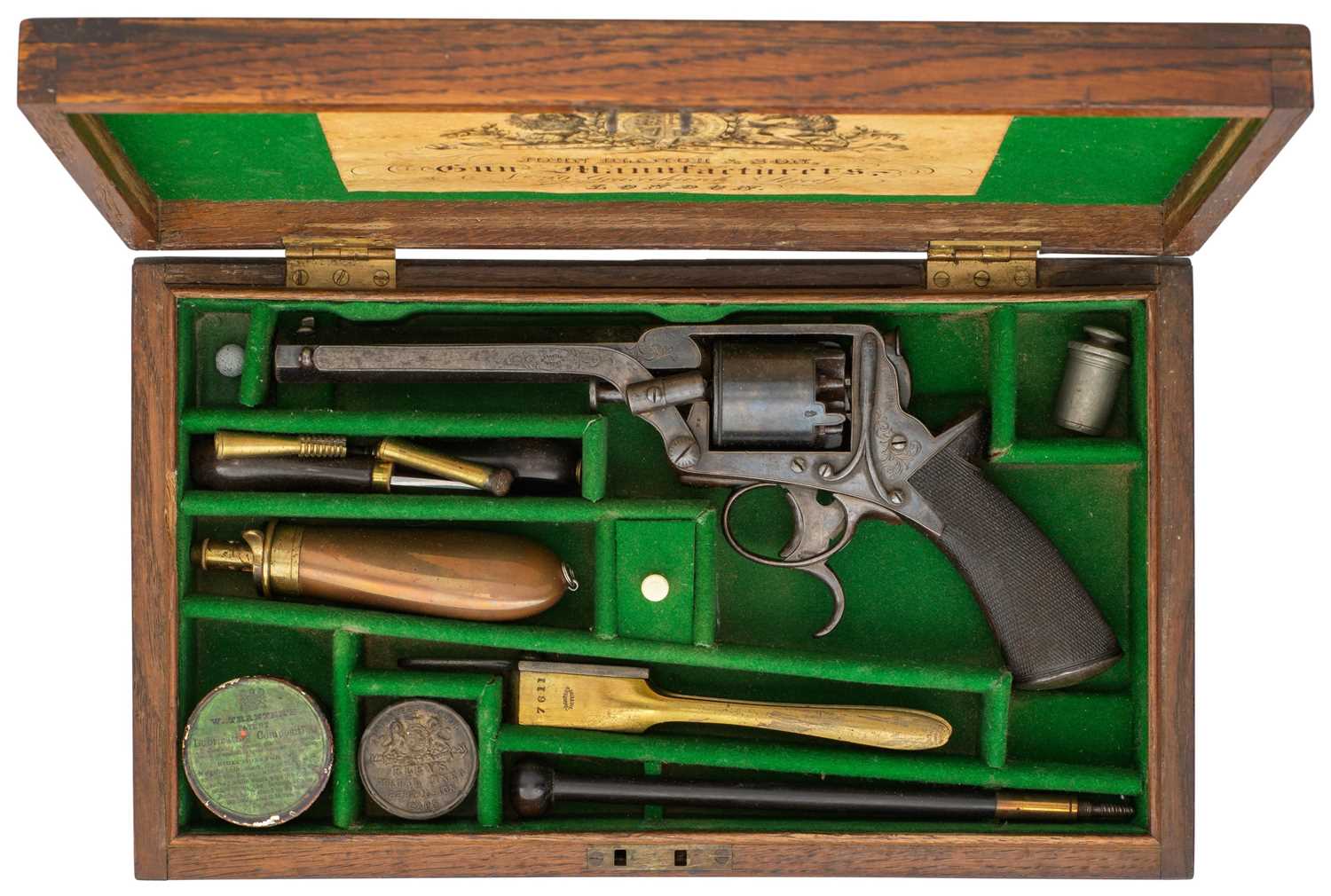 Lot 306 - A CASED 54 BORE TRANTER PATENT FIRST MODEL SELF-COCKING FIVE-SHOT PERCUSSION REVOLVER RETAILED BY