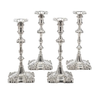 Lot 242 - A SET OF FOUR GEORGE III SILVER CANDLESTICKS, EBENEZER COKER, LONDON, 1762