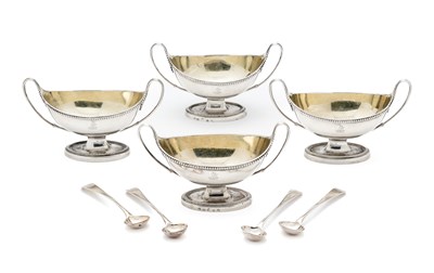 Lot 240 - A SET OF FOUR GEORGE III SILVER SALT CELLARS, FOGELBERG & GILBERT, LONDON, 1788