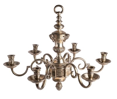 Lot 61 - A SILVERED BRASS SIX-LIGHT CHANDELIER, 20TH CENTURY