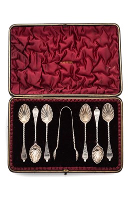 Lot 158 - A CASED SET OF SIX VICTORIAN SILVER TEASPOONS AND PAIR SUGAR TONGS, HILLIARD & THOMASON OF BIRMINGHAM, CHESTER, 1897