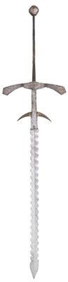 Lot 61 - A TWO HAND PROCESSIONAL SWORD WITH CHISELLED AND GILT HILT