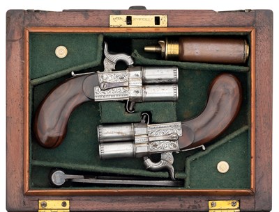 Lot 449 - A FINE CASED PAIR OF 80 BORE LANG'S PATENT PERCUSSION TURNOVER PISTOLS BY JOSEPH LANG, LONDON, CIRCA 1830