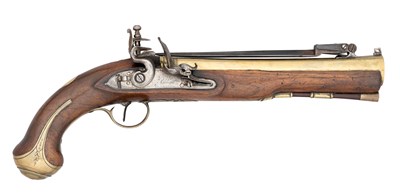 Lot 458 - A FLINTLOCK BLUNDERBUSS PISTOL BY J. & W. RICHARDS WITH BRASS BARREL AND MOUNTS, PRIVATE PROOF MARKS, CIRCA 1800