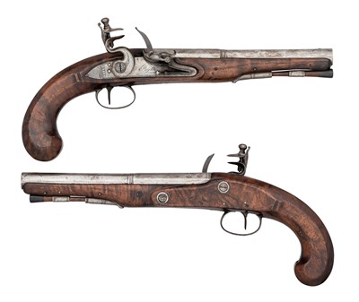 Lot 456 - A  PAIR OF 24 BORE FLINTLOCK TRAVELLING PISTOLS BY PAYTON, SHREWSBURY, PRiVATE PROOF MARKS CIRCA 1800