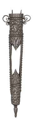 Lot 87 - **A CHISELLED IRON SCABBARD FOR A SMALL DAGGER OR BODKIN IN NORTH GERMAN LATE 16TH CENTURY STYLE