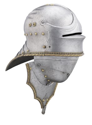 Lot 174 - **A GERMAN VISORED SALLET AND BEVOR IN THE LATE 15TH CENTURY HIGH 'GOTHIC' STYLE OF LORENZ