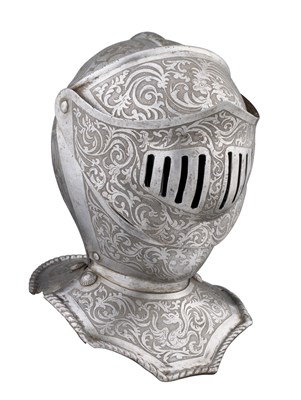 Lot 214 - AN ETCHED MINIATURE CLOSE HELMET IN THE 16TH CENTURY STYLE