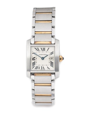 Lot 275 - CARTIER, TANK FRANCAISE, REF.2465: MID SIZE STAINLESS STEEL AND GOLD BRACELET WATCH, CIRCA 2000