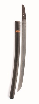 Lot 147 - A JAPANESE WAKIZASHI with slightly curved single-edged blade retaining much wavey hamon on each side