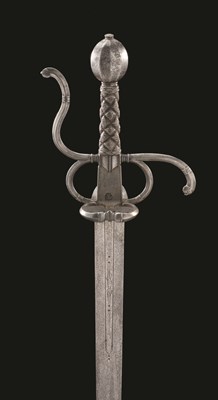 Lot 199 - A SWORD IN SAXON EARLY 17TH CENTURY STYLE with double-edged blade cut with a running wolf mark betwe