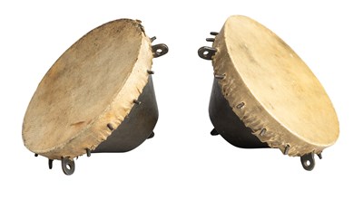 Lot 183 - A RARE PAIR OF ARAB COPPER ALLOY HAWKING DRUMS, 18TH/19TH CENTURY