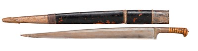 Lot 55 - A LARGE KHYBER KNIFE; A TURKISH YATAGHAN; AN INDIAN SWORD; AN AFRICAN DAGGER AND A POWDER-FLASK