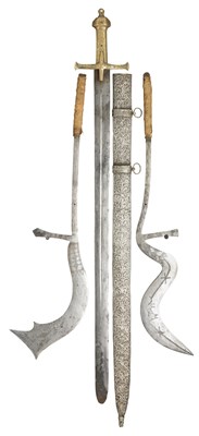 Lot 57 - A SUDANESE SWORD (KASKARA) AND TWO AFRICAN THROWING KNIVES (HUNGA MUNGA)
