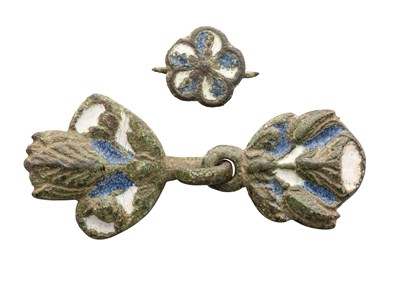 Lot 429 - THREE ENAMELLED COPPER ALLOY BELT FITTINGS, LONDON, CIRCA 1660-70