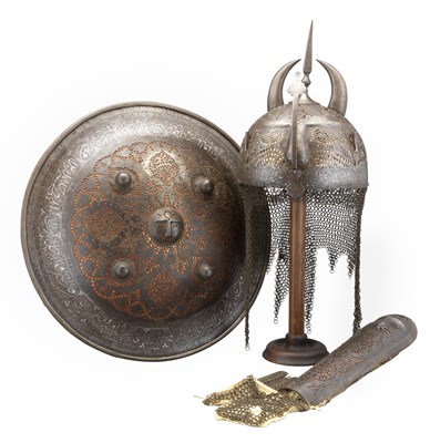 Lot 88 - **AN INDO-PERSIAN GARNITURE OF DECORATED ARMOUR