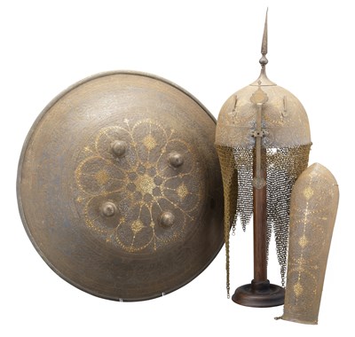 Lot 90 - **AN INDO-PERSIAN GARNITURE OF DECORATED ARMOUR