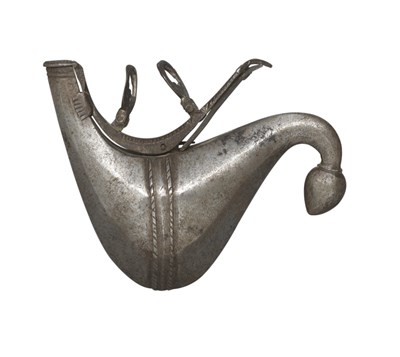 Lot 96 - AN INDIAN POWDER-FLASK FORMED ENTIRELY OF STEEL