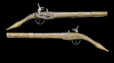 Lot 113 - A PAIR OF 16 BORE BALKAN MIQUELET-LOCK PISTOLS AND TWO NORTH AFRICAN POWDER-FLASKS