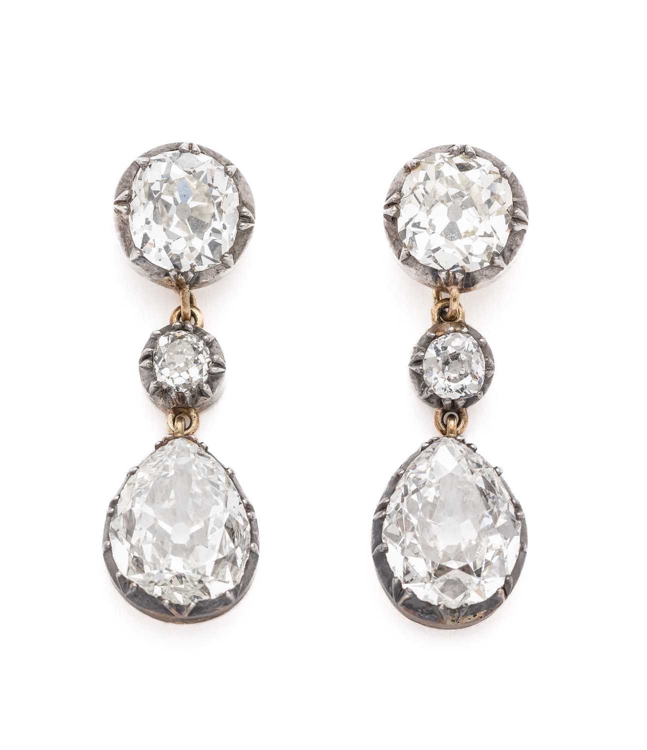 Lot 348 - PAIR OF DIAMOND PENDENT EARRINGS, 1880S