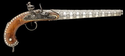 Lot 118 - A 22 BORE INDIAN SILVER-MOUNTED FLINTLOCK HOLSTER PISTOL