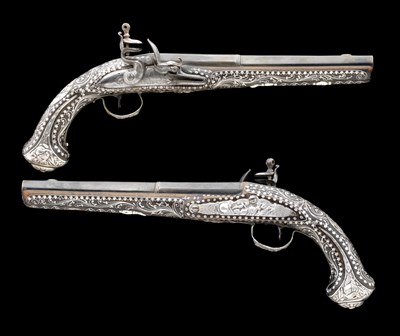 Lot 121 - **A PAIR OF 18 BORE FRENCH SILVER-MOUNTED FLINTLOCK HOLSTER PISTOLS BY J. DUMAREST
