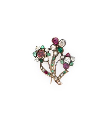 Lot 343 - DIAMOND, EMERALD, RUBY AND SEED PEARL BROOCH, EARLY 19TH CENTURY