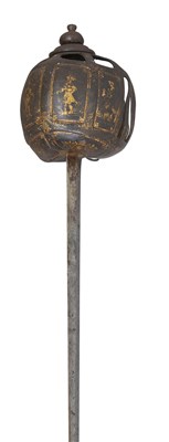 Lot 162 - A RARE SCOTTISH SHORT BROADSWORD WITH JAPANNED BASKET HILT