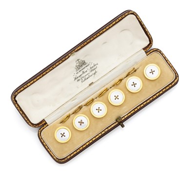 Lot 314 - SET OF SIX MOTHER-OF-PEARL AND GOLD DRESS BUTTONS, 1900s