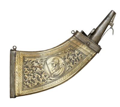 Lot 299 - A GERMAN ENGRAVED COWHORN POWDER-FLASK